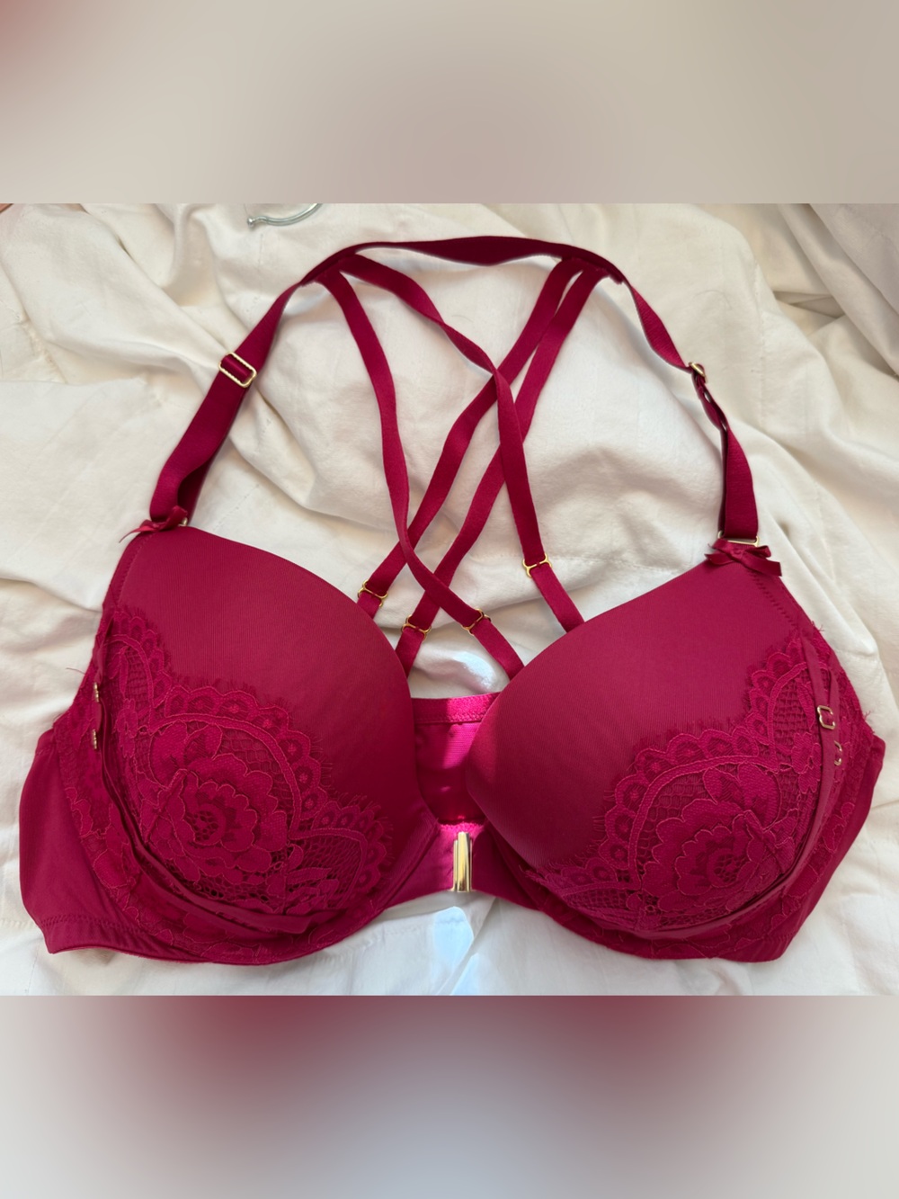NWOT Cacique 42C Strappy Lace Push-Up Bra - Deep Berry